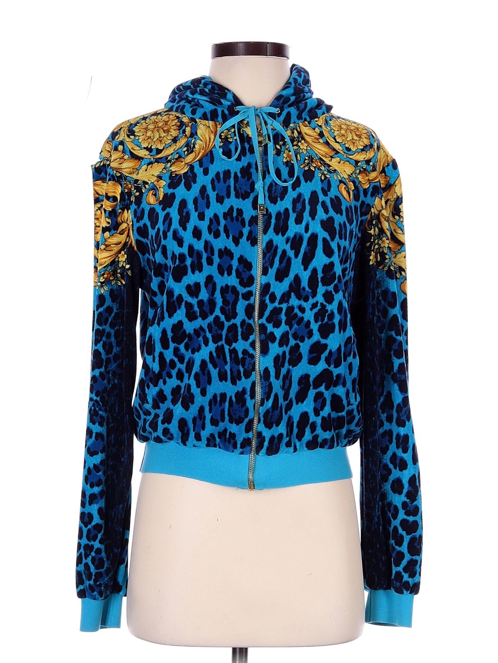 Versace Rare Vintage 90s Blue Leopard Print Zip Hoodie With Gold Baroque Trim